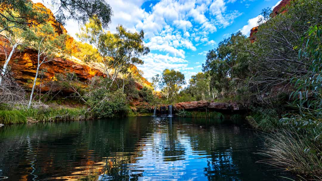 A panorama of Fortescue Falls in Dales Gorge in Karijini national park in Western Australia; a waterfall in a lush red canyon in the desert with red sand and rocks