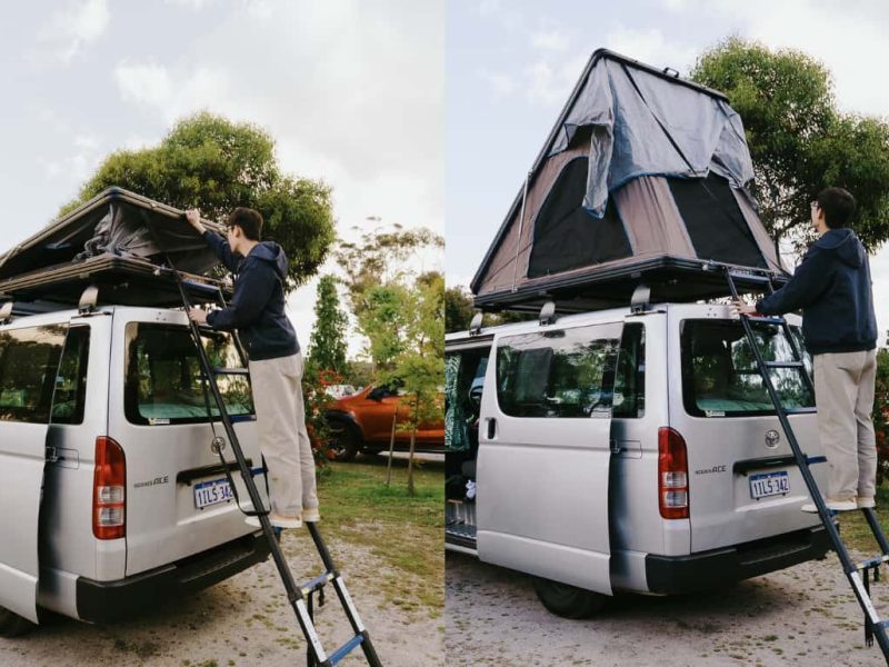 Person opening rooftop tent on campervan wondering if you can park a campervan anywhere in WA